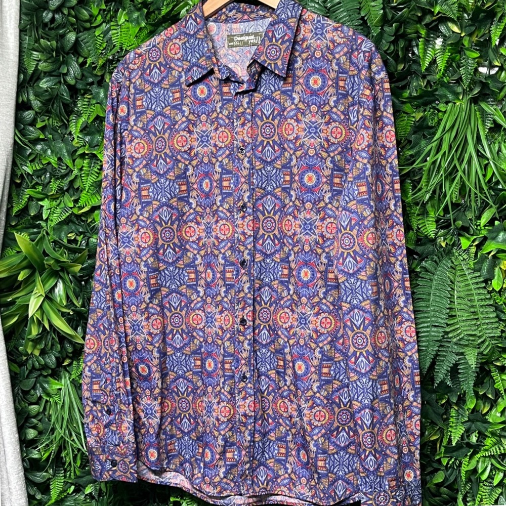 Desigual Shirt Men's XXL Purple Long Sleeve Button Up Geometric Print‎ 3359